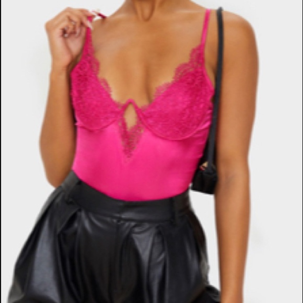 Hot pink satin lace v cup bodysuit
